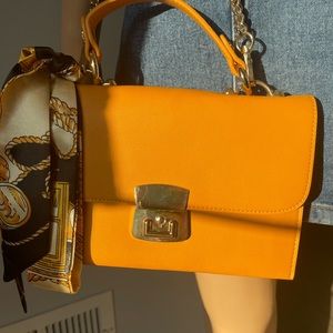Forever 21 Mustard Yellow Purse with gold chain and added a cute purse scarf